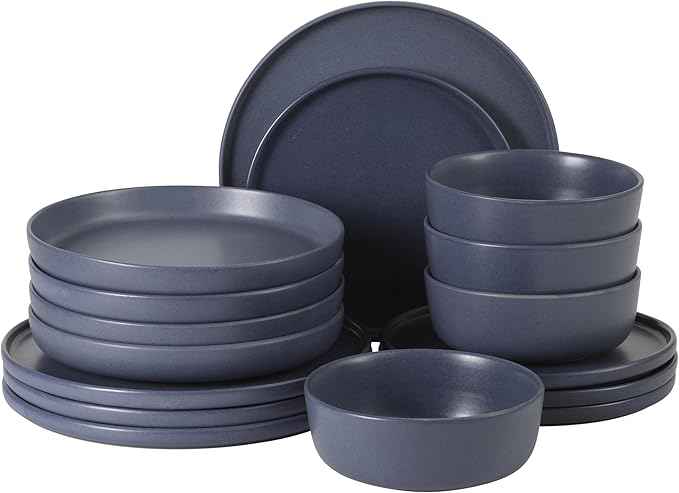 Gibson Elite Bayou Moon Plates and Bowls Sets, 16-Piece Blue Matte Stoneware Dinnerware Sets, Solid Color Reactive Glaze Dish Set