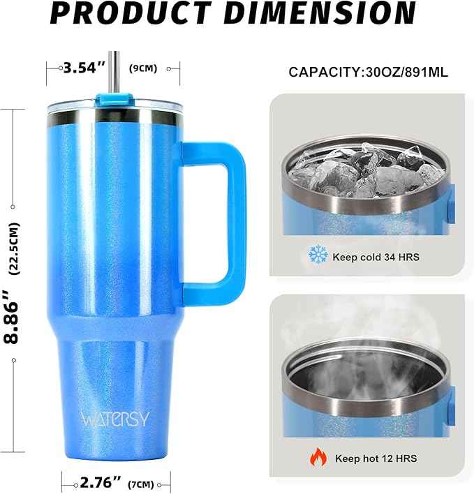 30 oz Shiny Tumbler with Handle and Straw,Stainless Steel Tumbler with Lid and Straw,Insulated Travel Mug(Cold for 34 Hours),Water Bottle for Iced Tea,Coffee (Blue)