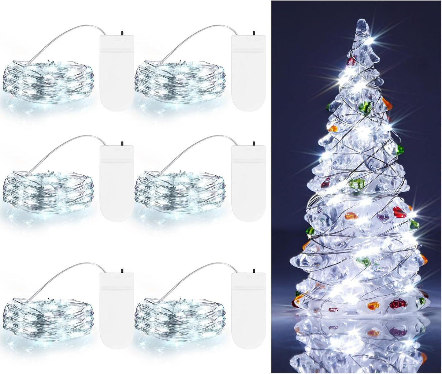 TingMiao Cool White Fairy String Lights Battery Operated LED Starry Lights 7.2ft 20 LEDs Silvery Copper Wire for Christmas DIY Decoration Wedding Party (6 Pack)