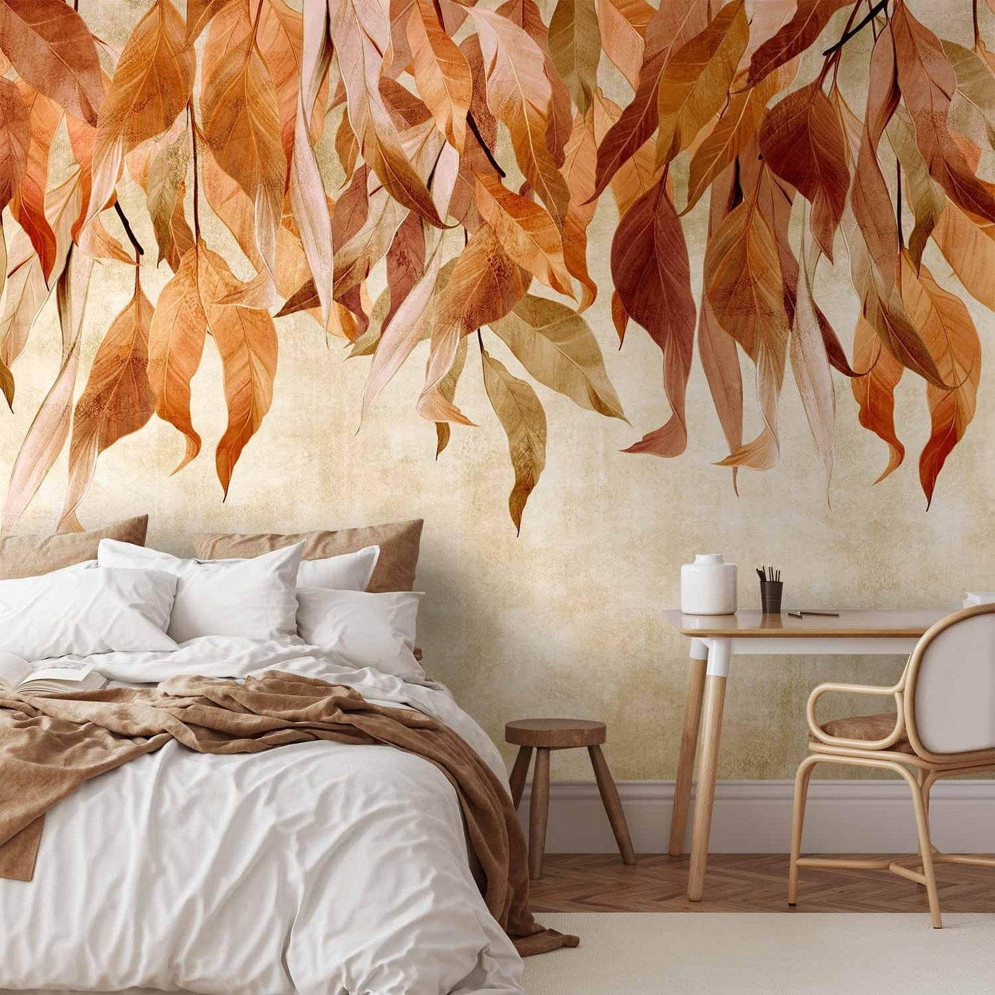artgeist Wall Mural Hanging Leaves 197x138 in - Non-Woven Wallpaper Fleece Wall Decor Photo Print Picture Image Design Nature Botanical Concrete Orange Beige b-C-10146-a-c