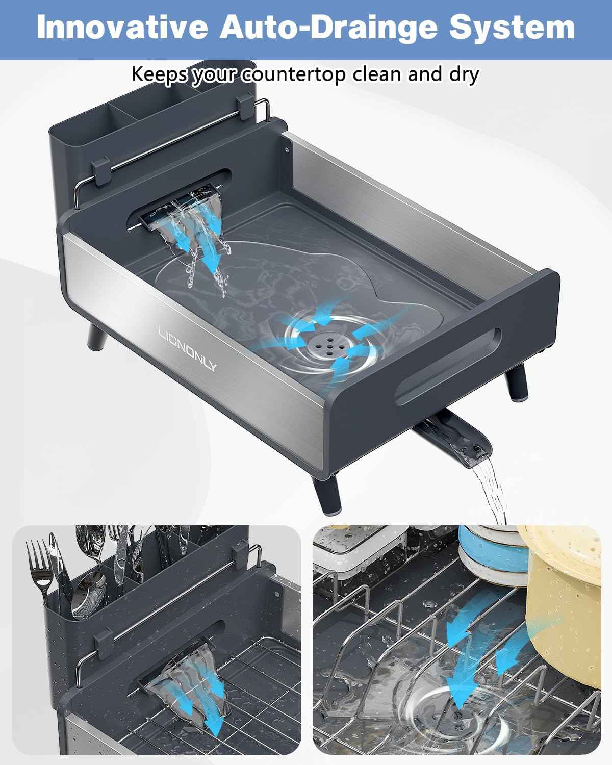 Dish Drying Rack with Drain Board, 304 Stainless Steel Core, Aluminum Rustproof Frame, Anti-Slip Elevated Feet, Removable Adjustable Spout, Utensil Holder, Gray