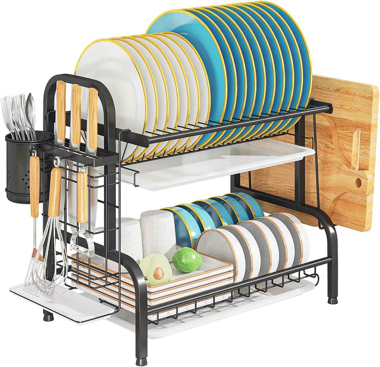 2-Tier Stainless Steel Dish Drying Rack, Space-Saving Kitchen Organizer for in/Over Sink/Counter, with Removable Drain Tray & Cutlery Holder & Utensil Holder, Black