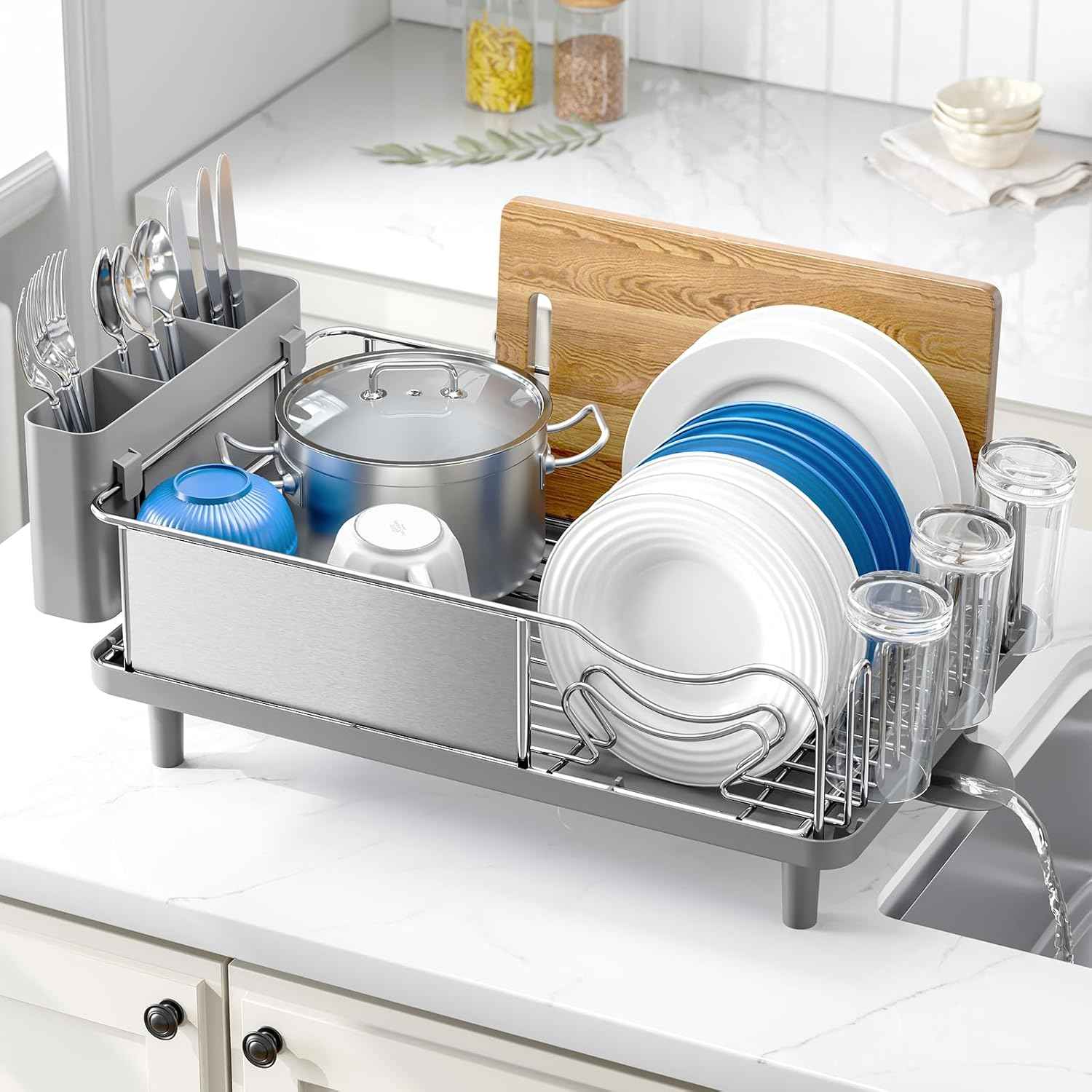 Urackify Stainless Steel Dish Drying Rack - Large Capacity Kitchen Counter Organizer with Drain Board, Utensil Holder & Detachable Cup Shelf, 304 Surgical-Grade Rust-Proof Dish Drainer, Easy Assembly