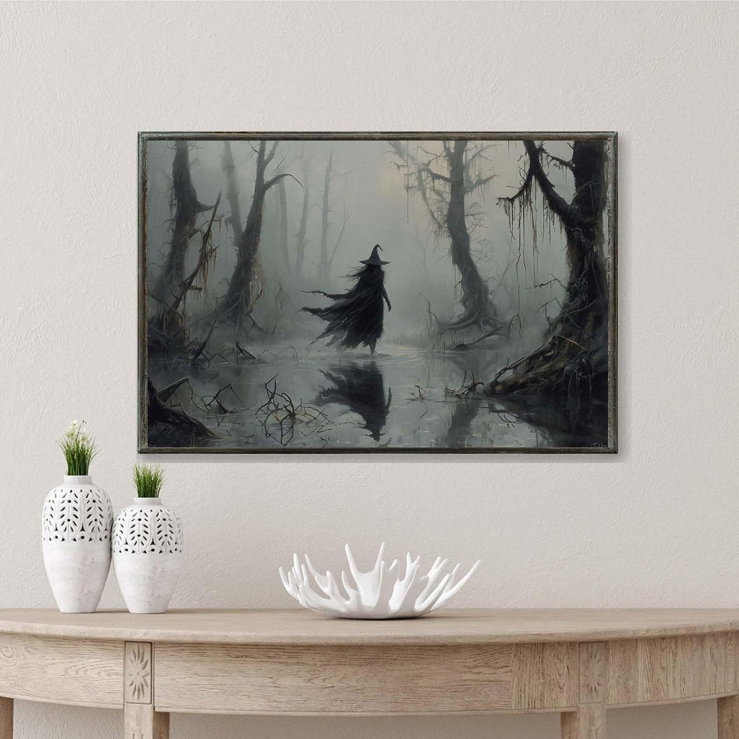 JFHCQJPK Vintage rustic swamp witch poster dark moody wall art gothic horror season halloween print for home decor retro dark moody painting8x12in Metal blackFramed