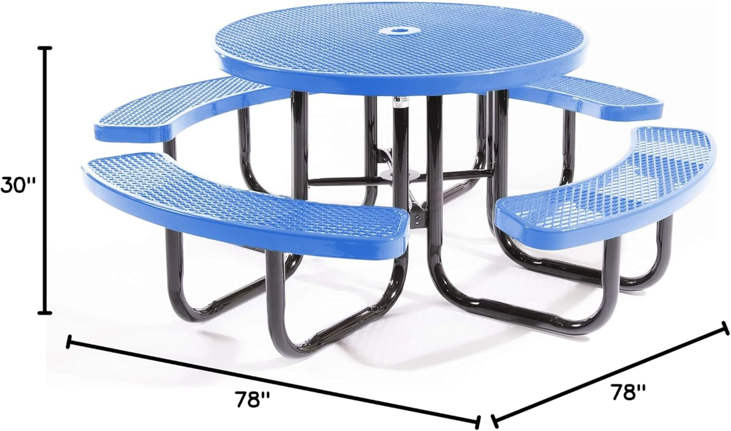 Heavy-Duty Portable Outdoor Picnic Table with Umbrella Hole, Expanded Metal Commercial-Grade Patio Dining Furniture Made in America (46" Round Top, Light Blue)