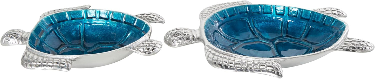 Deco 79 Aluminum Metal Turtle Decorative Bowl Decorative Bowl Enameled Decorative Containers with Silver Metal Exterior, Set of 2 Decorative Keepsake Boxes 10", 8"W, Blue