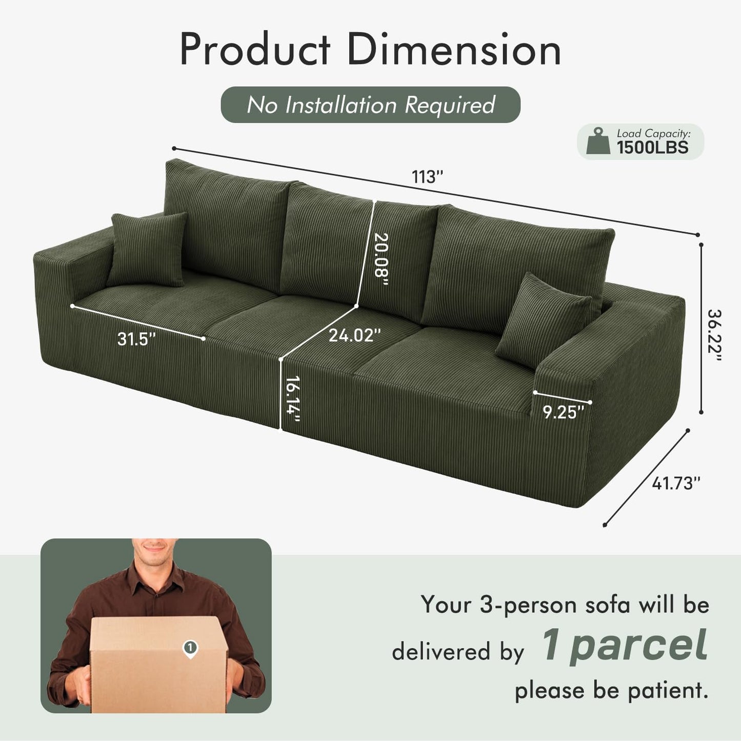 Boneless Cloud Couch Sofa for Living Room, 112" 3 Seater Green Modern Lounge Sleeper Couch, No Assemble, Cordury Compression Upholstered Couches