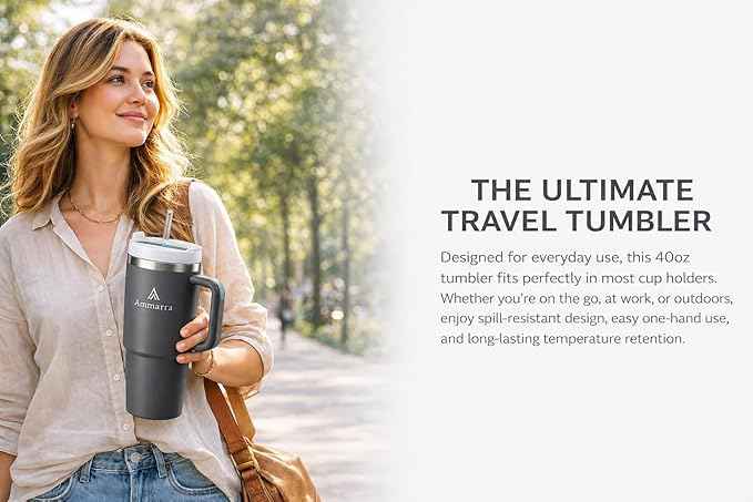 40oz Stainless Steel Vacuum Insulated Tumbler with Handle and Straw, Large Capacity Insulated Cup (Gray)