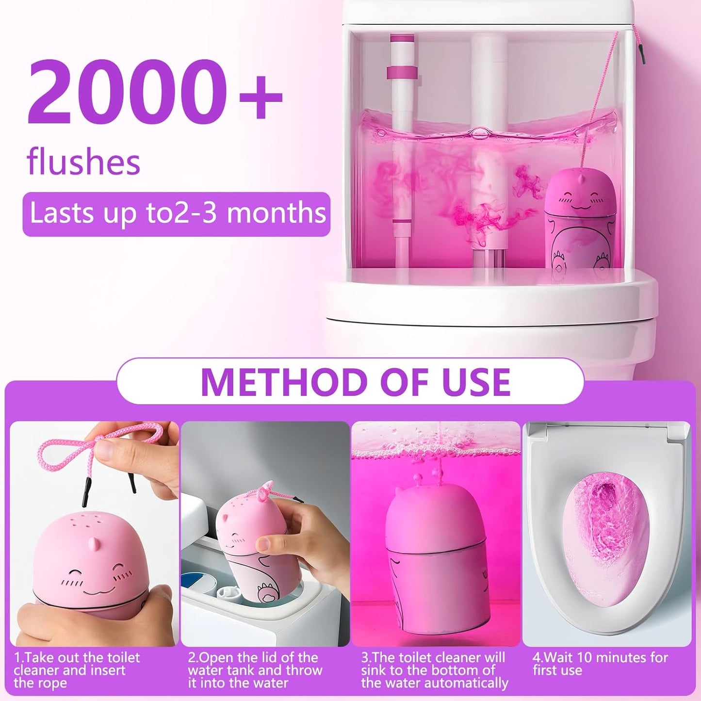 Toilet Bowl Cleaner-Cute Dinosaur-Shaped Toilet Bowl Cleaner Bottle Automatic Bathroom Toilet Tank Cleaner Easy-To-Use Septic Safe Toilet Cleaner in Bottle with Peach Scent (1, pink)