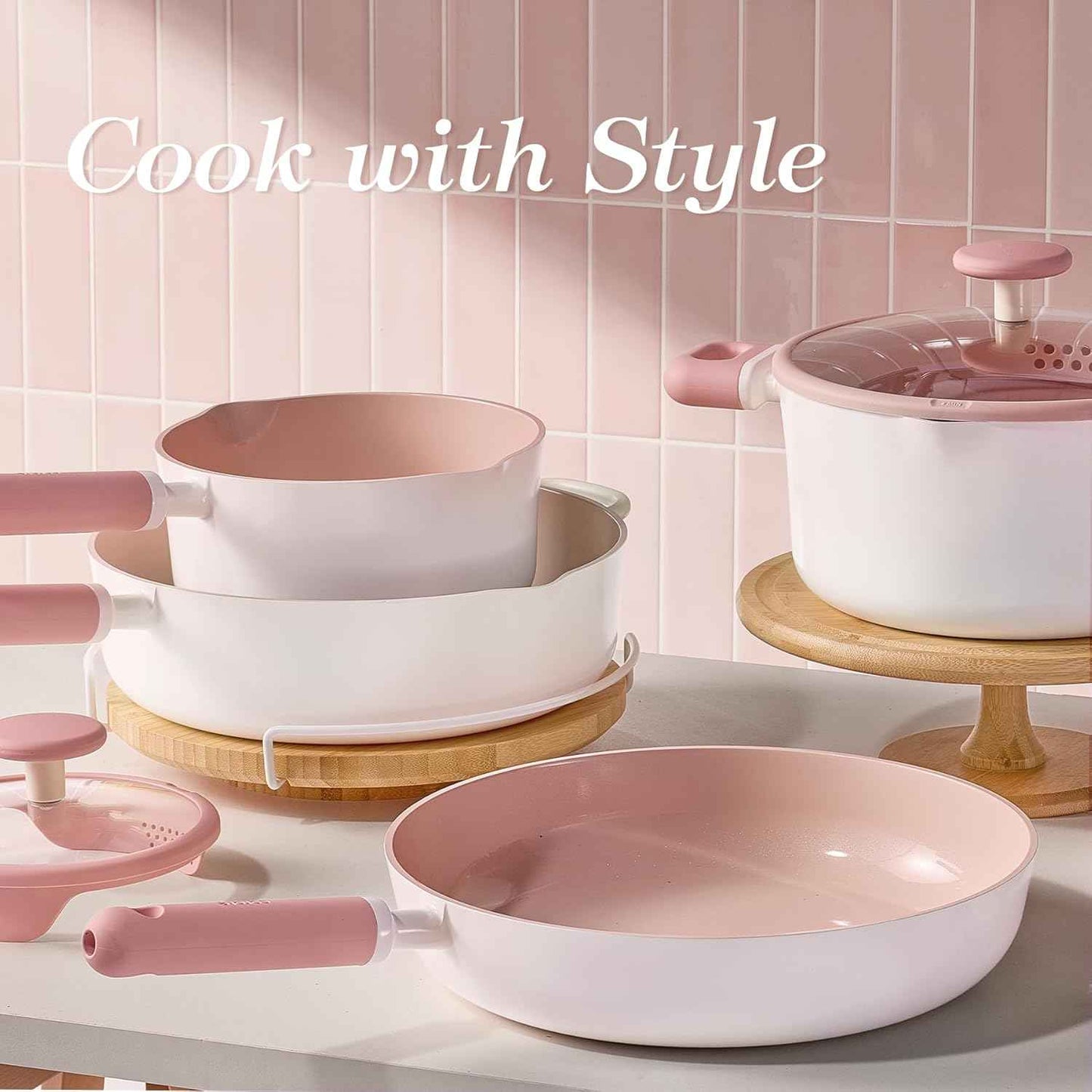 CAROTE Ceramic Cookware Set Nonstick, 15pcs Pots and Pans Set Non stick, Non Toxic Cookware,Dishwasher,RV/Camping Cookware Set, Pan and Pot with Kitchen Utensils, Pink
