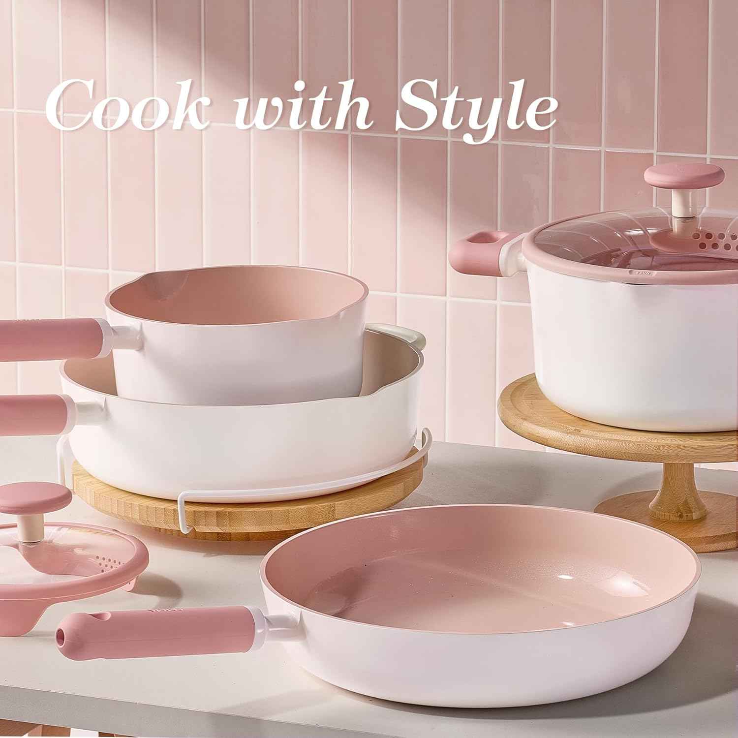 CAROTE Ceramic Cookware Set Nonstick, 15pcs Pots and Pans Set Non stick, Non Toxic Cookware,Dishwasher,RV/Camping Cookware Set, Pan and Pot with Kitchen Utensils, Pink