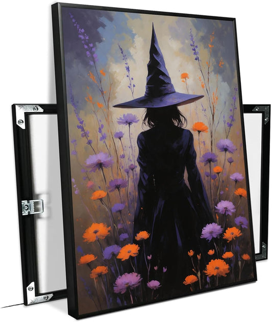 JFHCQJPK Country wildflower witch canvas print halloween mashup art witch purple decoration bohemian elegant art poster24x36in Metal blackFramed