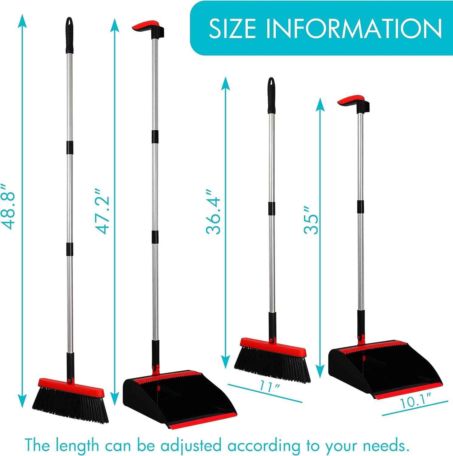 2-Pack Broom and Dustpan Combo Set, with 48" Adjustable Long Stainless Handles, Stand Up Dustpan with Self-Cleaning Teeth, Ideal for Home, Office, Kitchen, Indoor & Outdoor Use, Black
