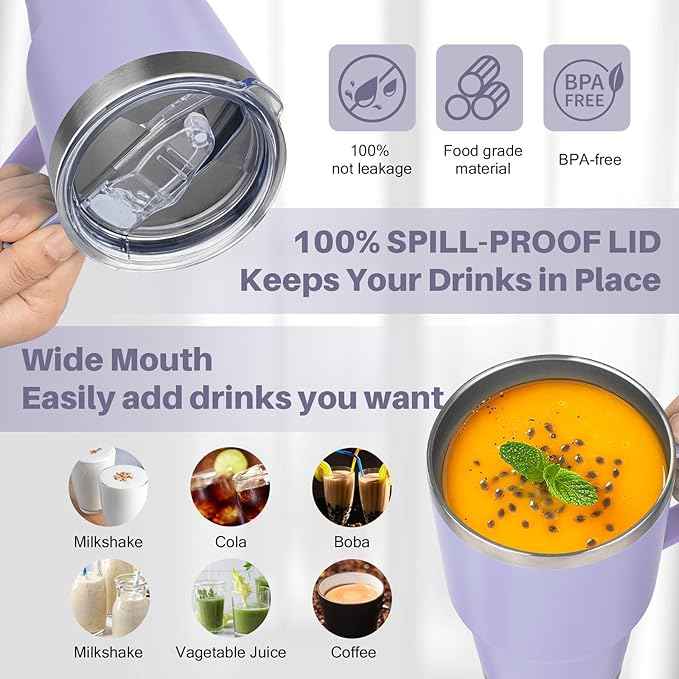 30 oz Stainless Steel Tumbler with Handle, Double Wall Vacuum Insulated Coffee Mug Tumbler with Lid and Straw, Thermal Cup for Cold and Hot (Light Purple)