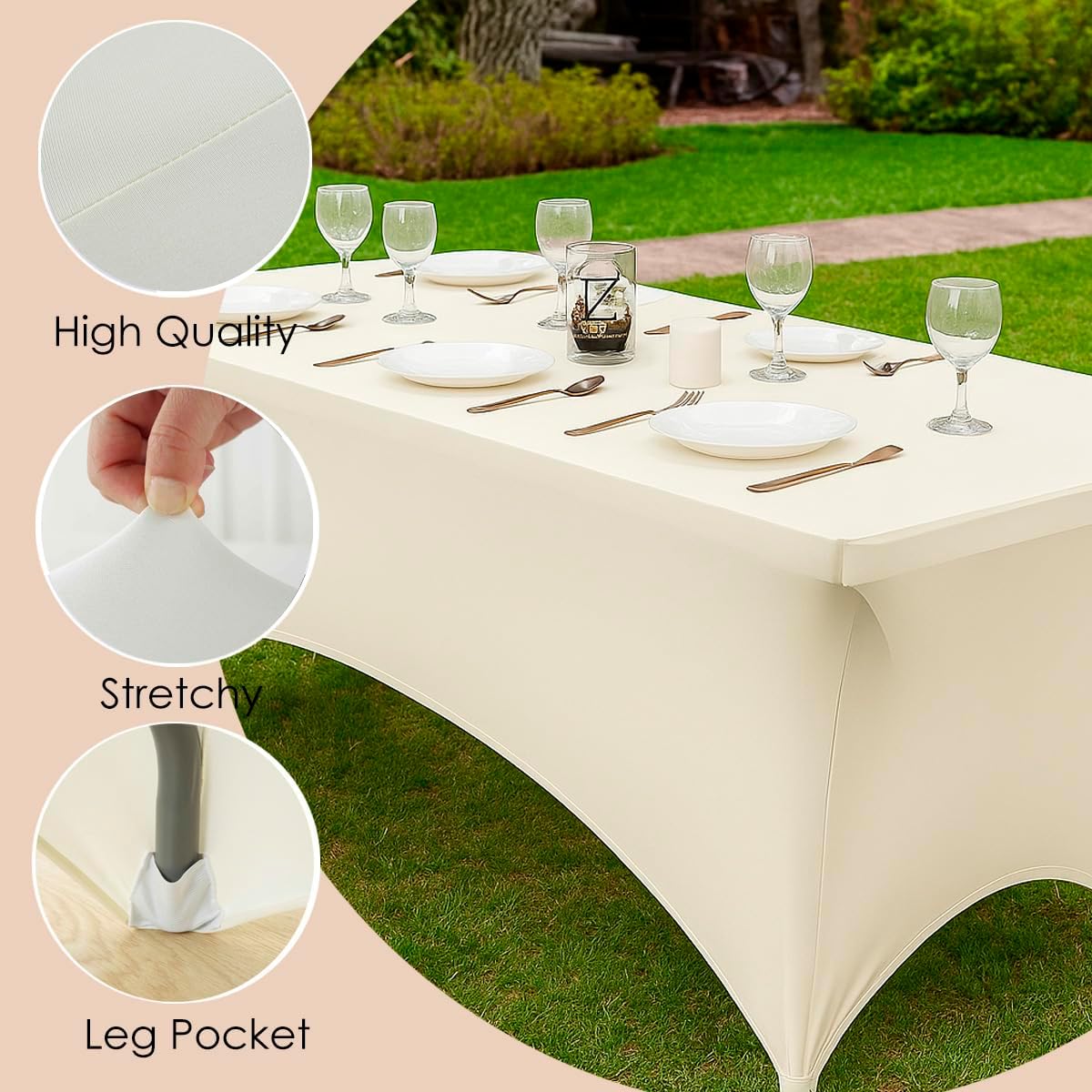 Craft And Party 2 Pack 8ft Ivory Spandex Tablecloth – Fitted Stretch Cover – Universal Fit for Folding Tables – Wrinkle-Free, Washable – Ideal for Parties, Weddings, Events