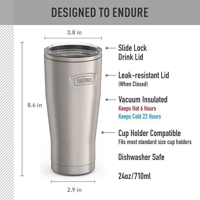 THERMOS ICON SERIES, Stainless Steel Cold Tumbler with Slide Lock, 24 Ounce, Matte Stainless Steel