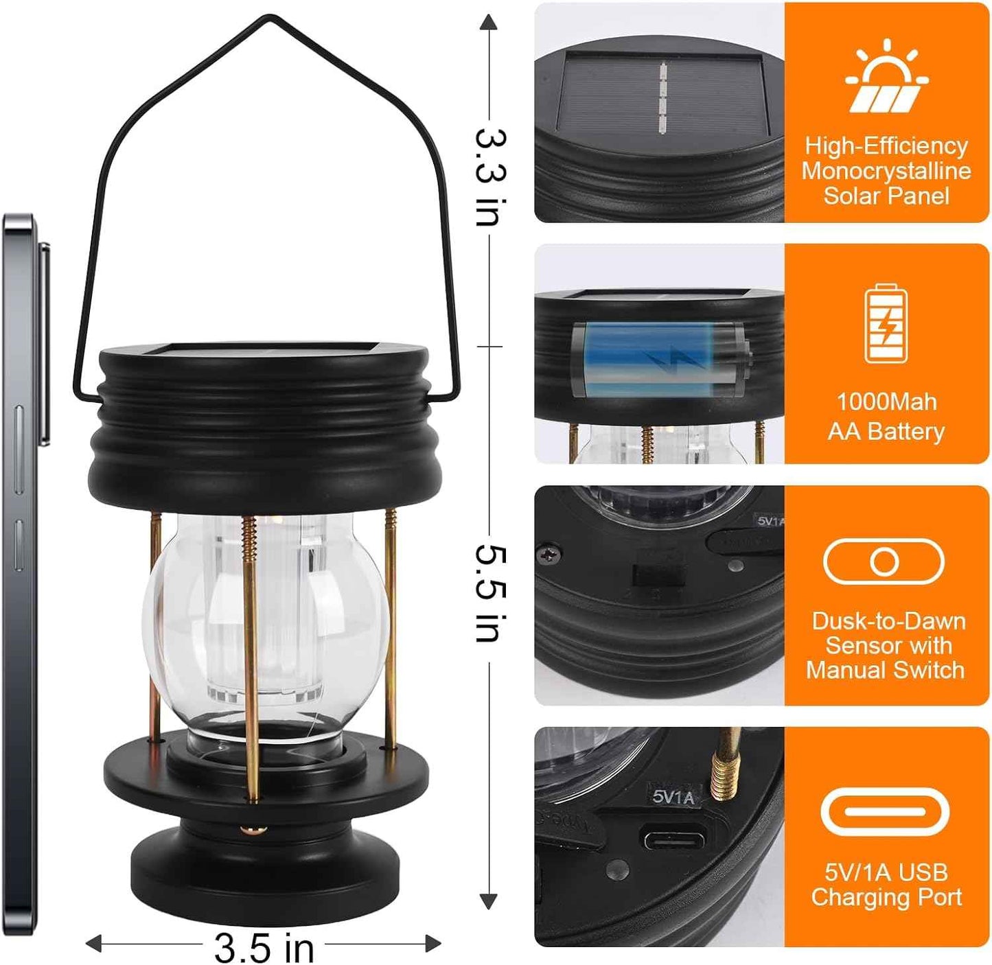 Solar Lanterns Outdoor Hanging Lights Patio Decor, Upgraded Dual Solar & USB Charging, Adjustable Light Sensor, Retro Decorative Table Lamp Waterproof, Indoor Outdoor Garden Patio Yard Decoration