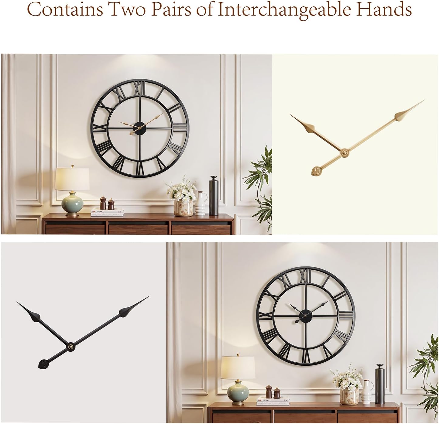 Vantic 32 Inch Large Wall Clock, Roman Numeral Metal Oversized Wall Clocks for Living Room Decor, Bedroom and Kitchen, Completely Silent, Non Ticking, Battery Operated