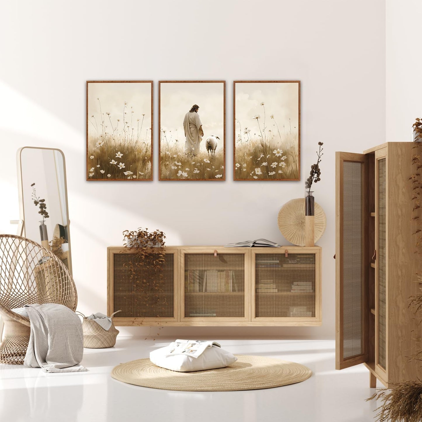 KAIRNE Jesus Framed Canvas Wall Art,Lost Sheep Wall Decor Set of 3(16”X24”),Holy Christian Art Print,Religious Scripture Pictures,Bible Renaissance Wall Painting for Living Room,Bedroom,Church Decor