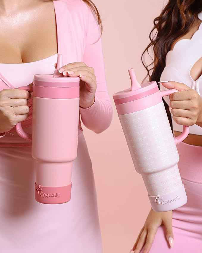 40 oz Insulated Tumbler with Handle and Push-Button Straw Lid, Stainless Steel Travel Cup for Gym Office, Leakproof, BPA-Free, Cup Holder Friendly, Bow Silicone Boot, Pink (Rose Quartz)