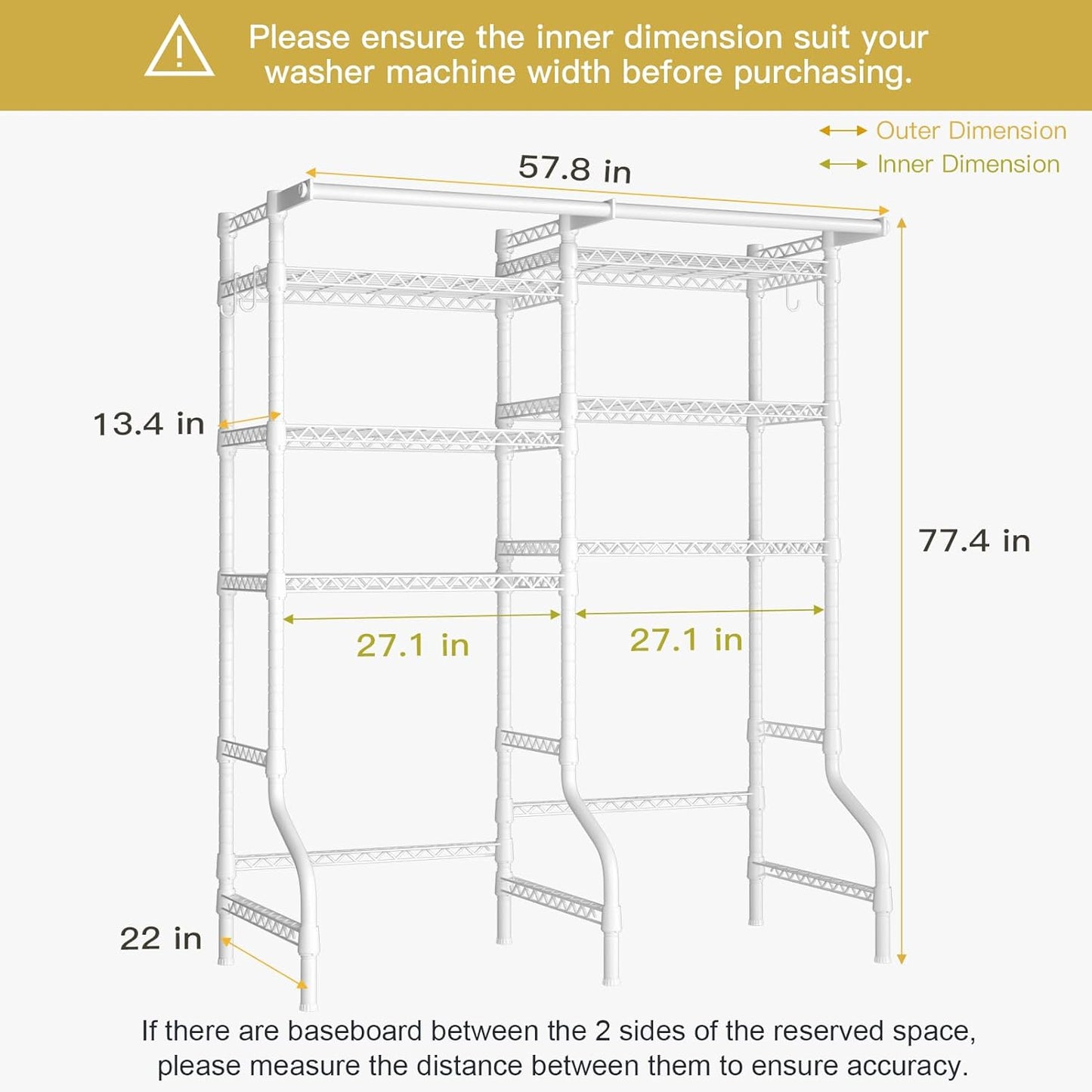 Ulif U13 Medium Over Washer and Dryer Storage Shelves, 6 Tiers Laundry Room Standing Shelf with 2 Hanger Rods, Space Saver Clothes Drying Rack, 57.8" W x 22" D x 77.4" H, White