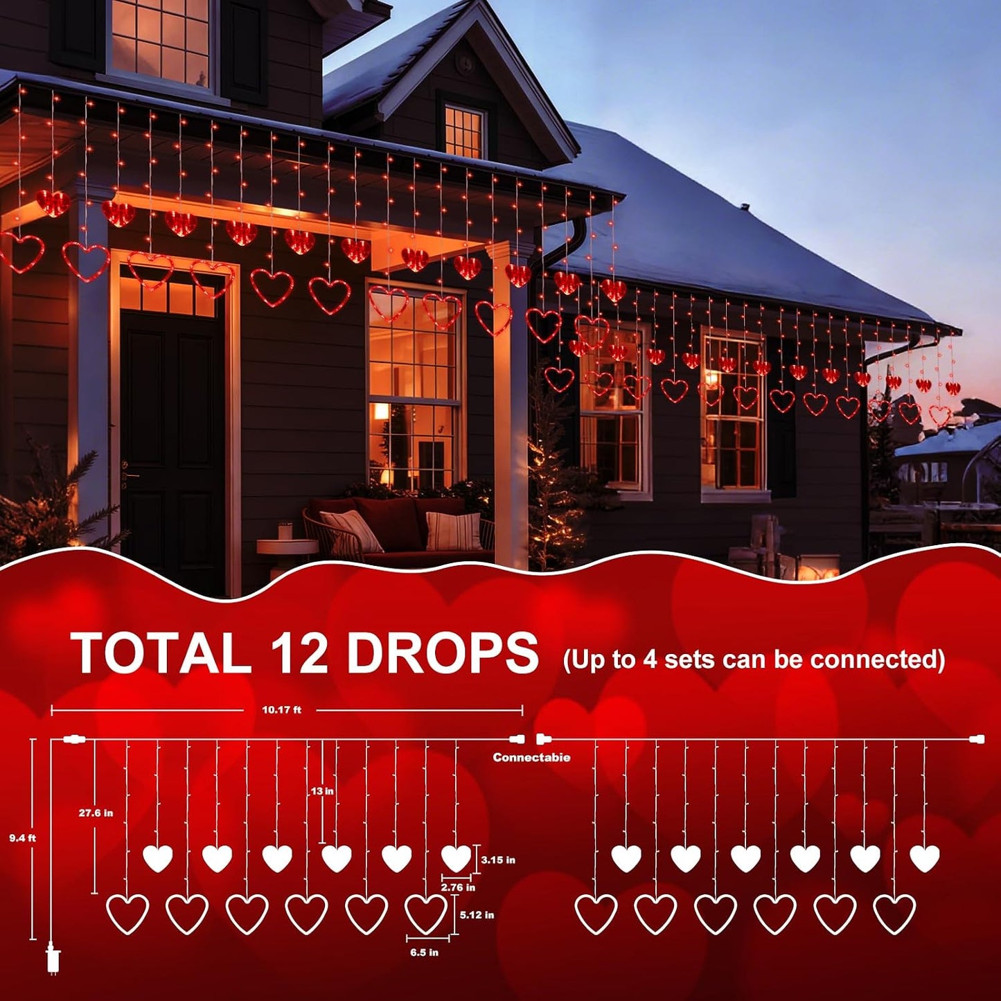 Valentines Day Decor,Red Heart-Shaped String Lights 12 Hearts 138 LED Fairy Light 8 Lighting Modes Connectable Window Curtain Lights for Bedroom Valentine's Day Wedding Home Anniversaries Party Decor