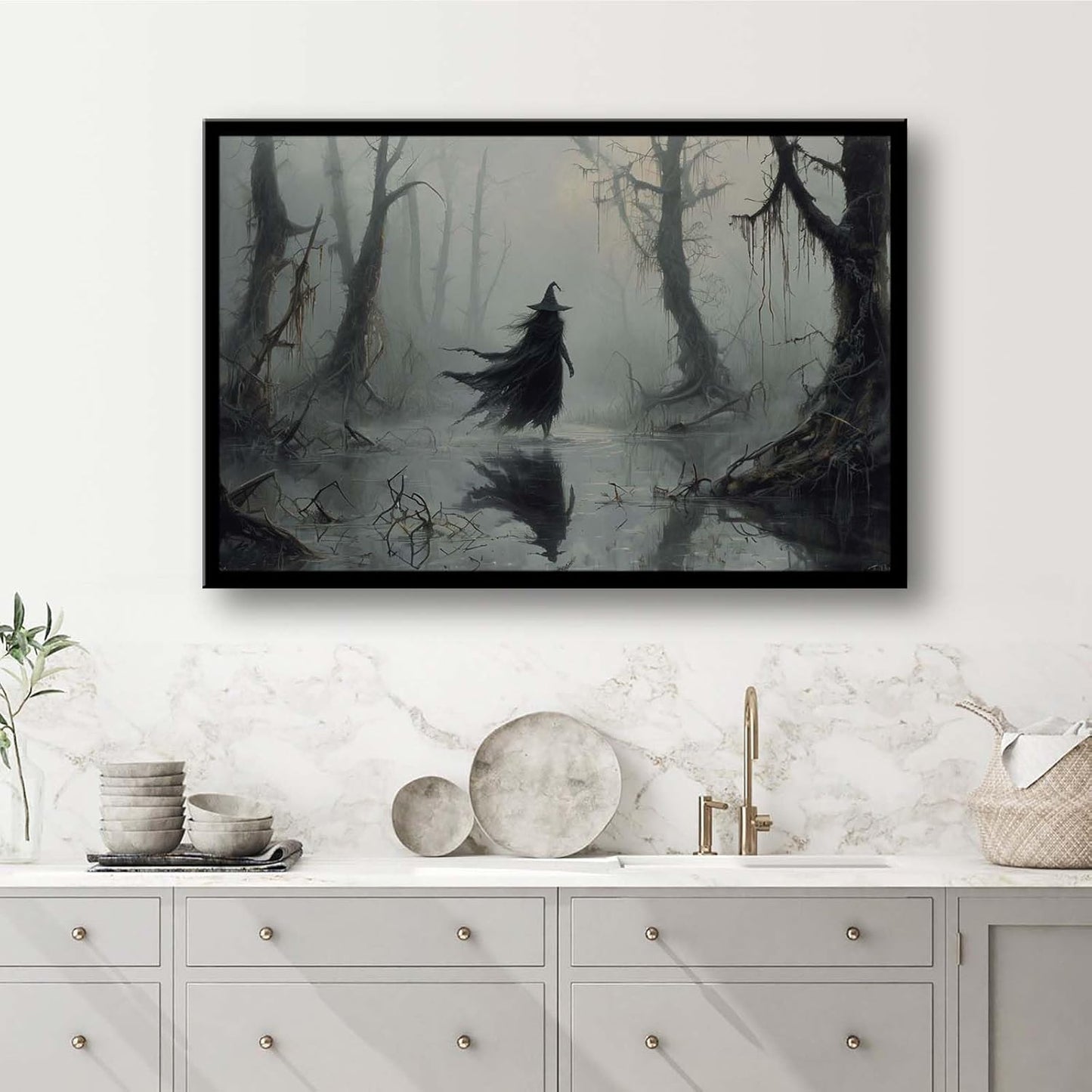 JFHCQJPK Vintage rustic swamp witch poster dark moody wall art gothic horror season halloween print for home decor retro dark moody painting8x12in Metal blackFramed