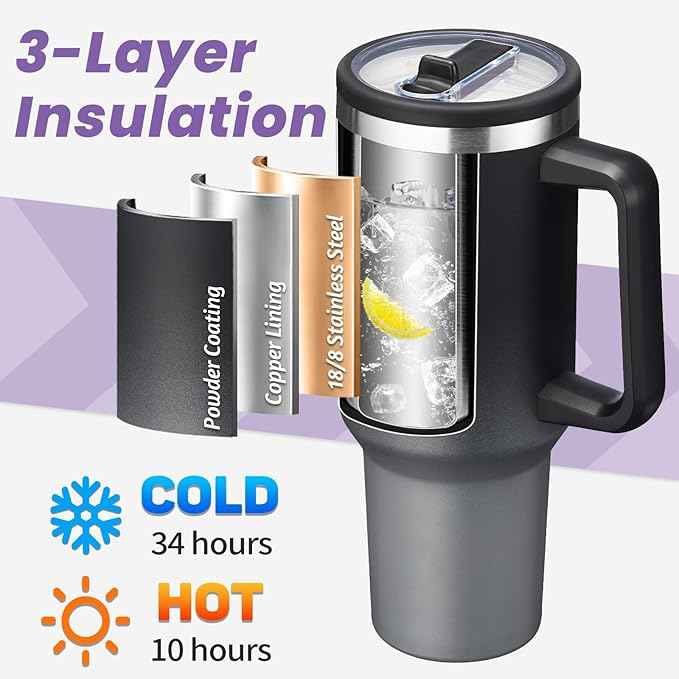 ICIOI 40oz Tumbler with Handle and Flip Straw - 100% Leak-Proof Travel Cup, BPA Free Stainless Steel Mug (Cold 34H & Hot 10H), Water Bottle Fits in Cup Holder - for Gym, Travel, Men & Women