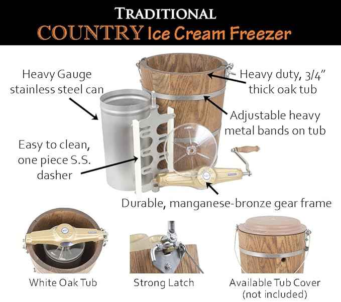 Country Ice Cream Maker - Classic Wooden Tub - Hand Crank - 6 quart