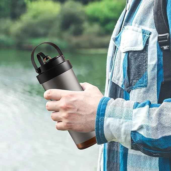 26oz Ceramic Coated Water Bottle, 3-Way Drinking (Straw/Sip/Wide Mouth), 6H Hot & Cold Insulated Water Bottle Leakproof Travel Cup with Handle - Silver