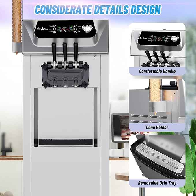 Commercial 2+1 Flavor Soft Ice Cream Machine, 5.8 to 8 gal Per Hour Soft Serve, 2200W Stainless Steel Vertical Ice Cream Maker with Self-Cleaning, High Productivity, Perfect for Home and Snack Bar