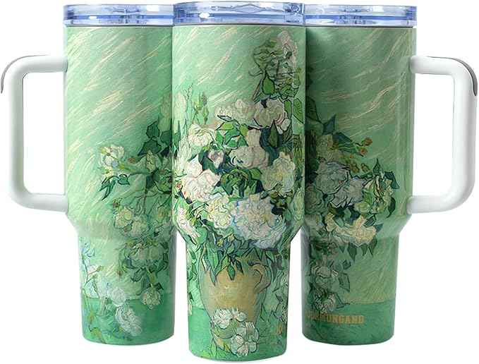 Jormungand 40 oz Tumbler with Handle and Straw, Vacuum Insulated Stainless Steel Cup & Water Bottle, Leakproof Lid, BPA-Free, Cup Holder Friendly for Travel, Keeps Drinks Hot & Cold Roses