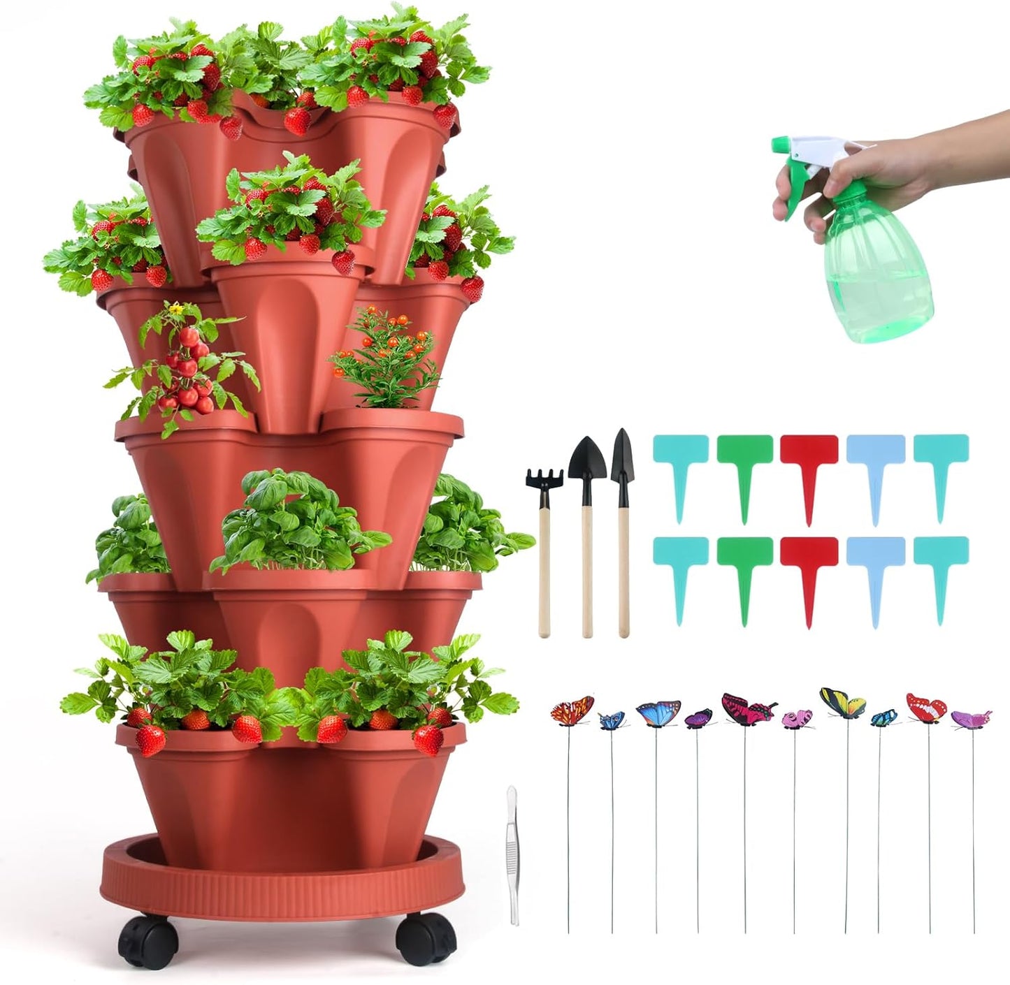 Vertical Planter, 5 Tier Stackable Strawberry Planter with Garden Tool Set, Movable Indoor/Outdoor Garden Herb Pot for Growing Vegetables and Succulents, Red