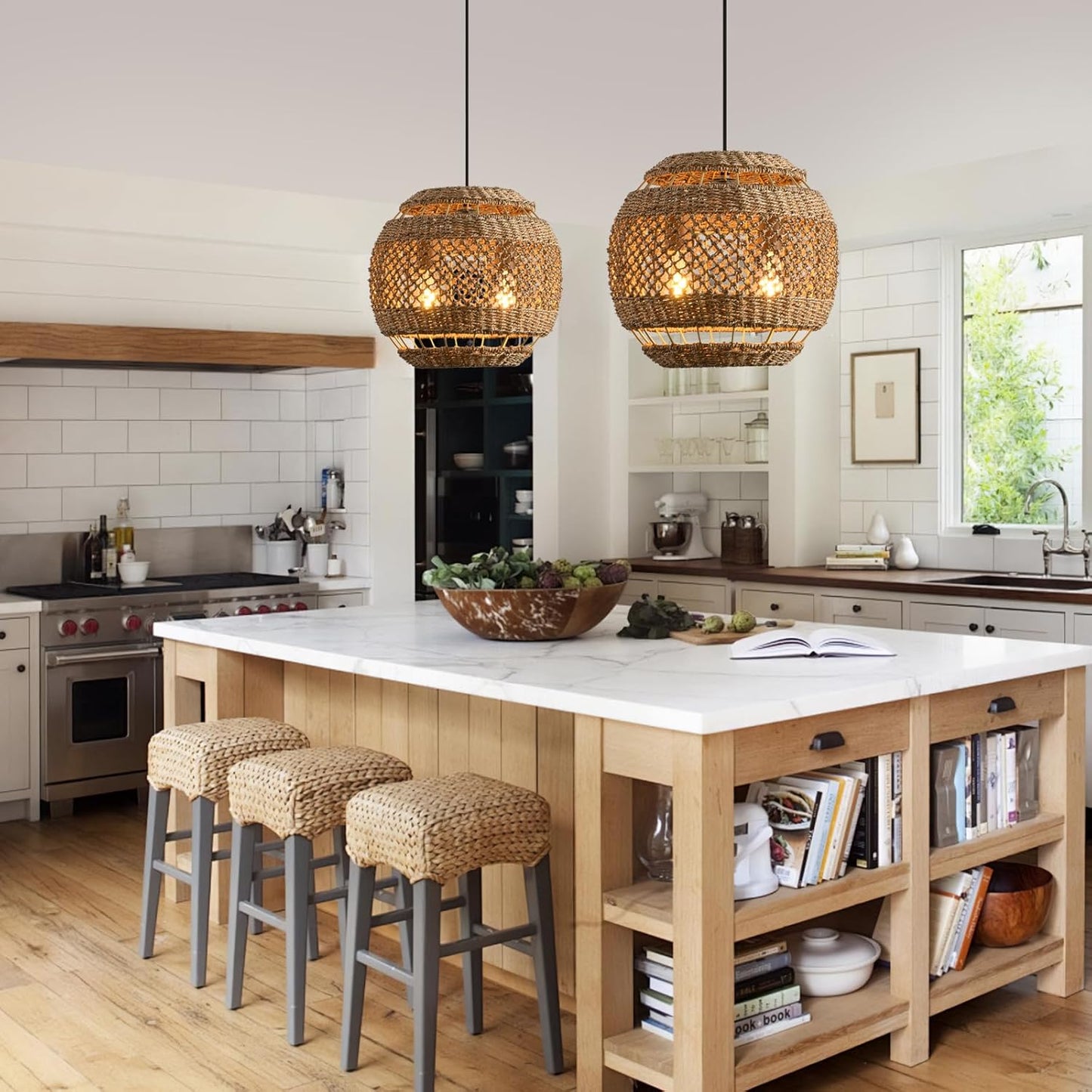 Rattan Pendant Light 13.78" Boho Wicker Seagrass Pendant Light 2-Light Hand Woven Water Plants Rattan Chandelier for Dining Living Bedroom Kitchen Farmhouse