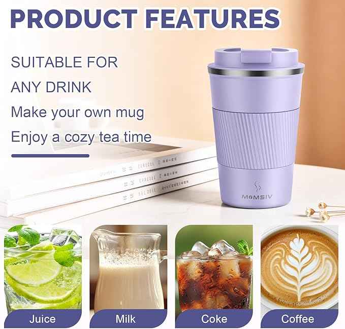 MOMSIV 12oz Travel Mug, Insulated Coffee Cup with Leakproof Lid, Vacuum Stainless Steel Double Walled Reusable Tumbler for Hot and Cold Water Coffee and Tea In Travel and Car