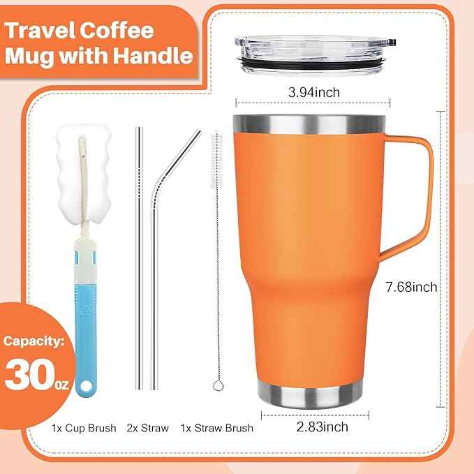 30 oz Tumbler with Handle, Stainless Steel Insulated Tumbler with Lid and Straw, Double Wall Vacuum Coffee Mug Tumbler, Insulated Coffee Thermal Cup for Cold and Hot (Orange)