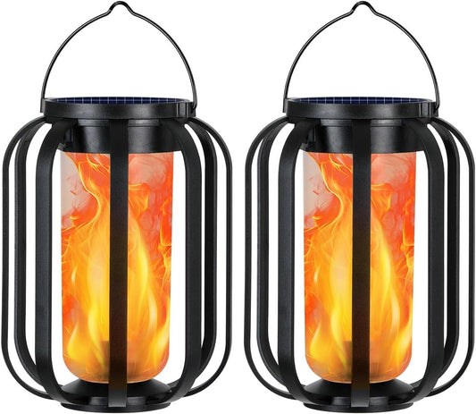 Solar Lantern Outdoor Lights, 2 Pack Waterproof Solar Powered Lanterns with Flickering Flame, Hanging Lantern Decorative for Outside, Solar Powered Outdoor Lights for Yard Garden Patio Table Decor