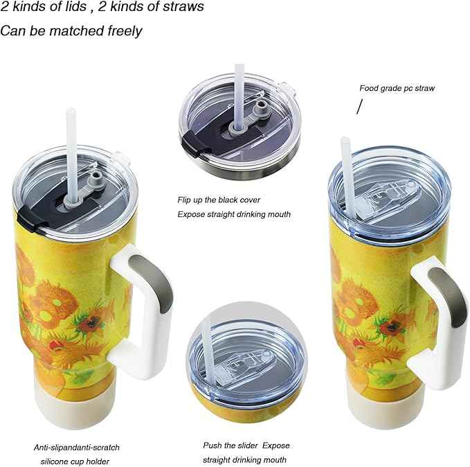 Jormungand 40 oz Tumbler with Handle and Straw, Vacuum Insulated Stainless Steel Cup & Water Bottle, Leakproof Lid, BPA-Free, Cup Holder Friendly for Travel, Keeps Drinks Hot & Cold Sunflower