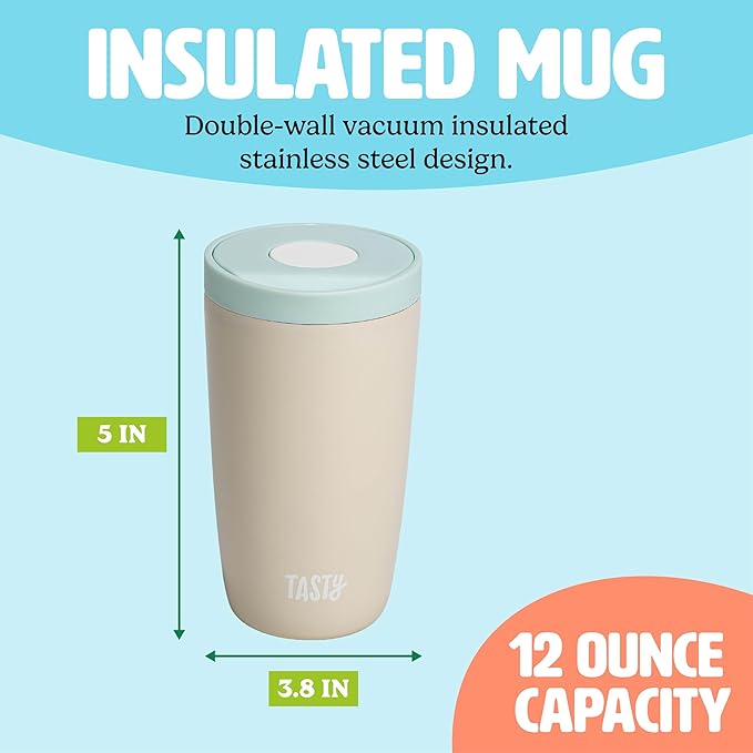 Tasty 12oz Insulated Stainless Steel Push Mug, Leak-Proof Lid with One-Hand Open/Close Button, Travel Coffee Cup, Double Wall Vacuum Flask, Cream