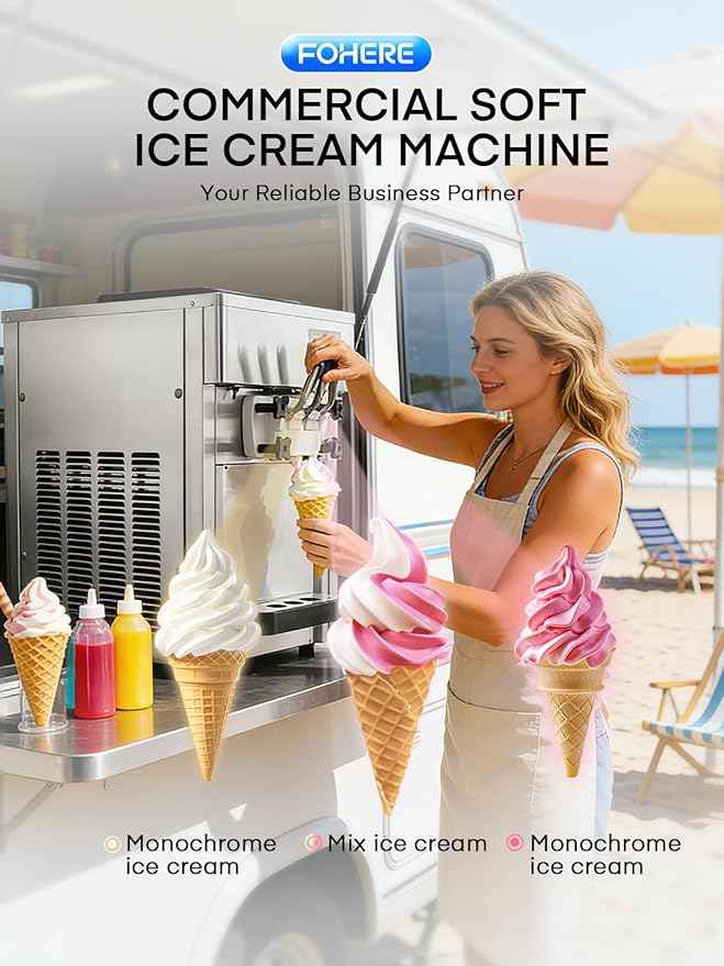 Commercial Ice Cream Machine 5.3-7.4 Gal/H, 3 Flavors Countertop Soft Serve Ice Cream Machine with 8L Hopper, Auto Clean Ice Cream Maker With Pre-Cooling for Snack Restaurants Bars, 1800W