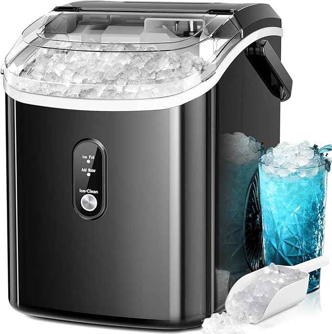 Kismile Nugget Ice Makers Countertop,35Lbs/24H,Portable Ice Machine with Crushed Ice,Self-Cleaning Function,One-Click Operation for Home/Office(Black)
