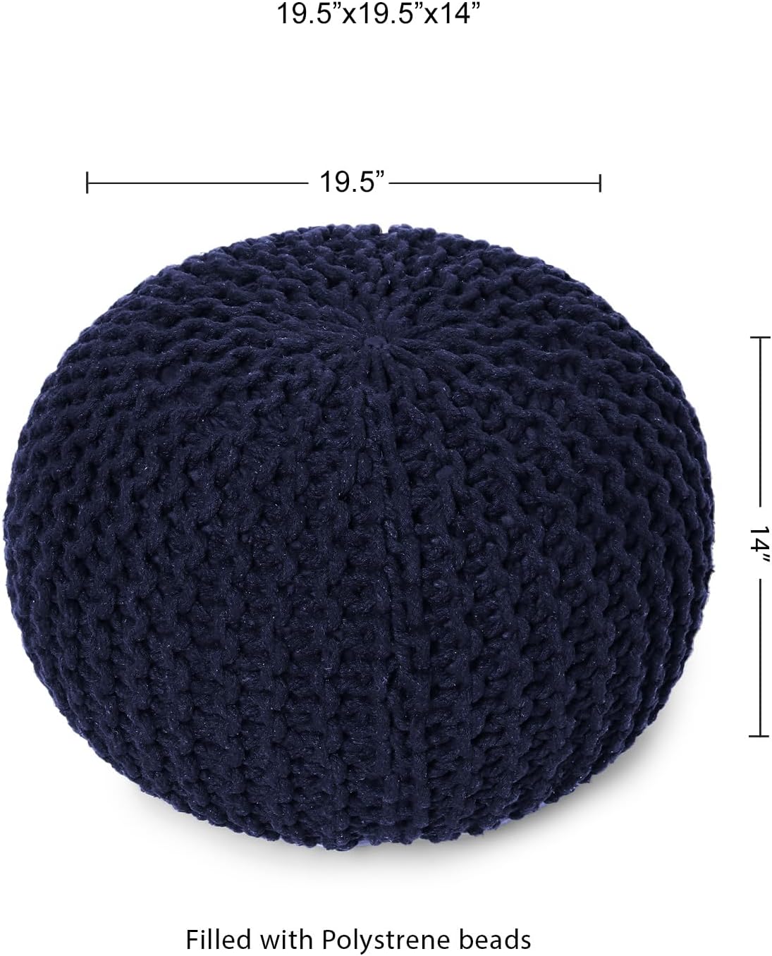 REDEARTH Round Pouf Foot Stool Bean Bag Ottoman - Cable Knitted Cord Boho Pouffe - Poof Accent Bean Bag - Handmade by Artisans for Living Room - Bedroom (19.5"x19.5"x14") - Navy Blue