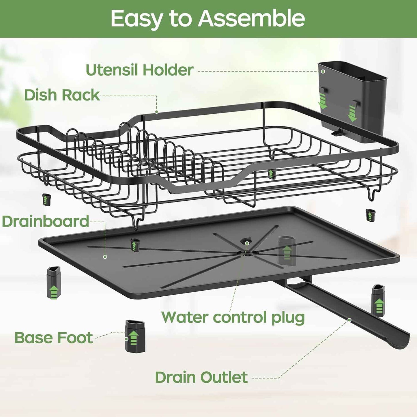 ROTTOGOON Dish Drying Rack, Stainless Steel Rustproof Dish Rack for Kitchen Counter, Sturdy Dish Drainer with Drainboard, Drainage, Utensil Holder for Various Kitchenware, 16.2"(L) x 12.6"(W), Black