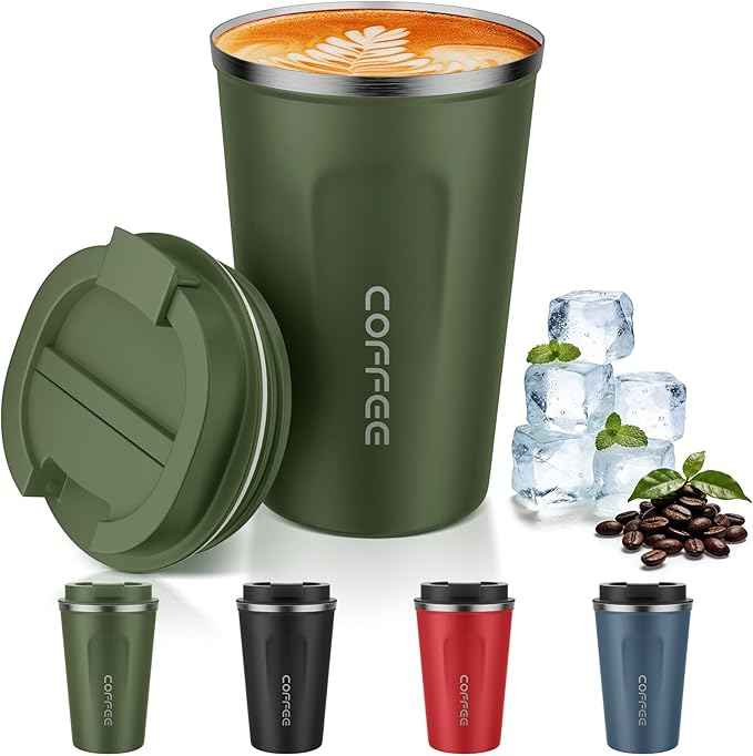 MOMSIV 12oz Travel Mug, Insulated Coffee Cup with Leakproof Lid, Vacuum Stainless Steel Double Walled Reusable Tumbler for Hot and Cold Water Coffee and Tea In Travel and Car Armygreen