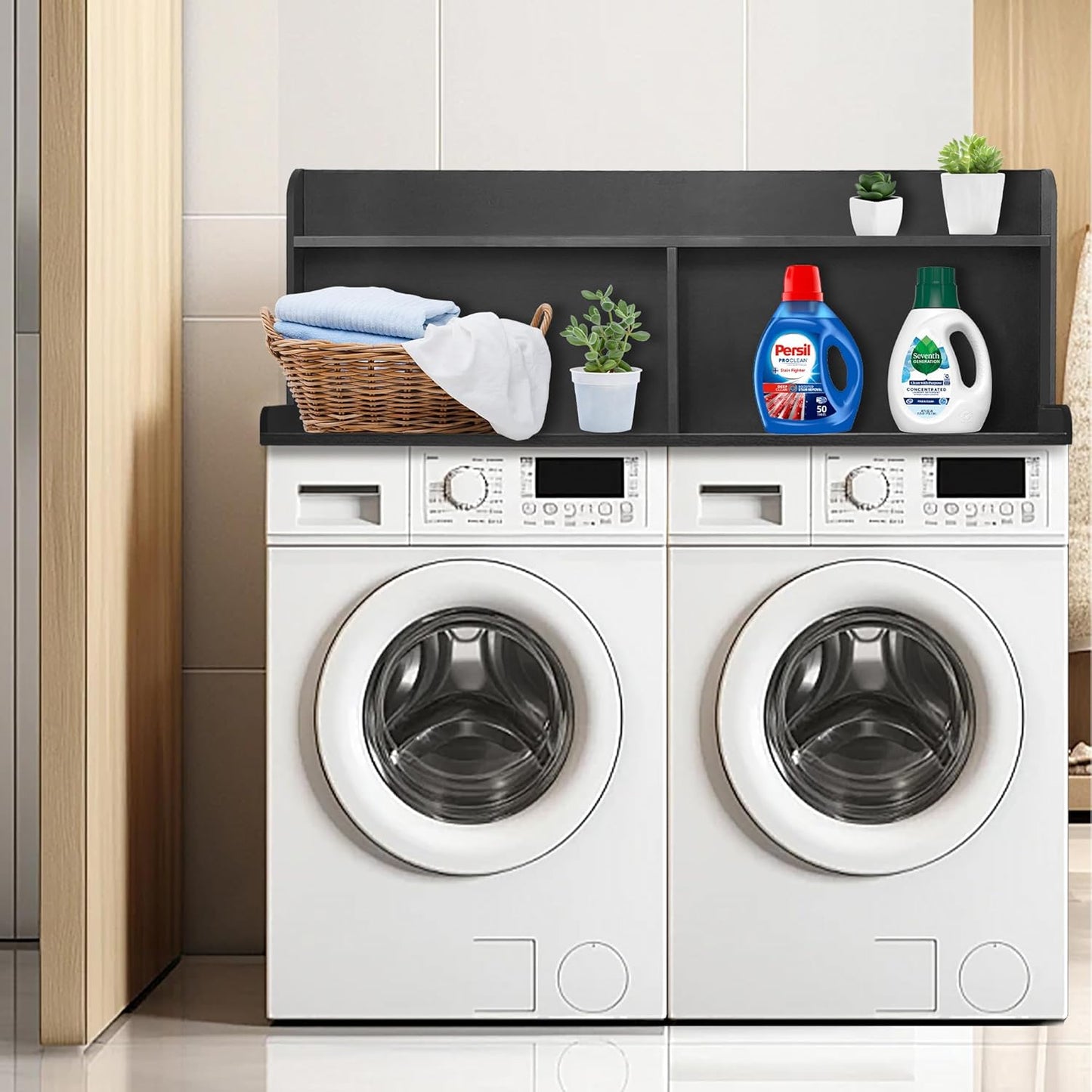 Royxen 2-Tier Washer Dryer Countertop,19.5"H Wood Washer and Dryer Topper with Storage Shelf,Laundry Countertop Over Washer Machine, Universal Fit for Laundry Room Organization (Black, 54"W X 27.5"D)