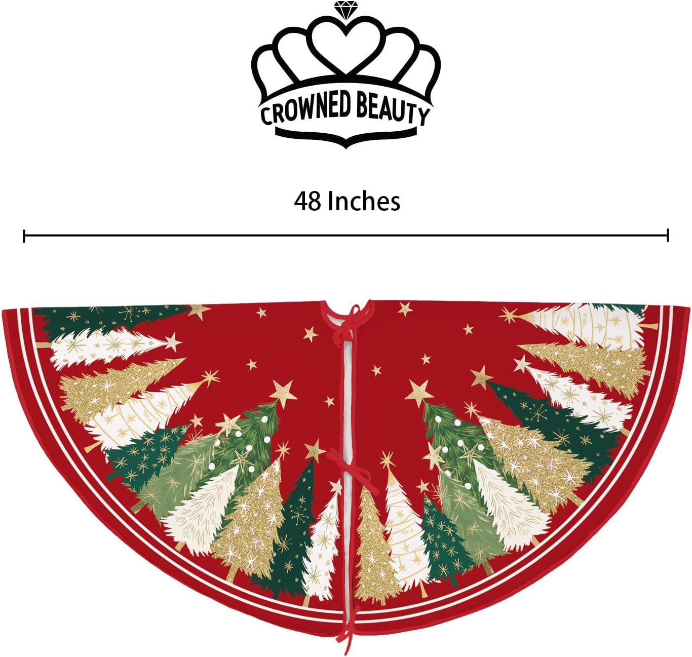 CROWNED BEAUTY Merry Christmas Tree Skirt 48 Inch, Red & Green | Premium soft fabric tree skirt. Features pine trees in red and green for a rustic farmhouse xmas holiday decor.