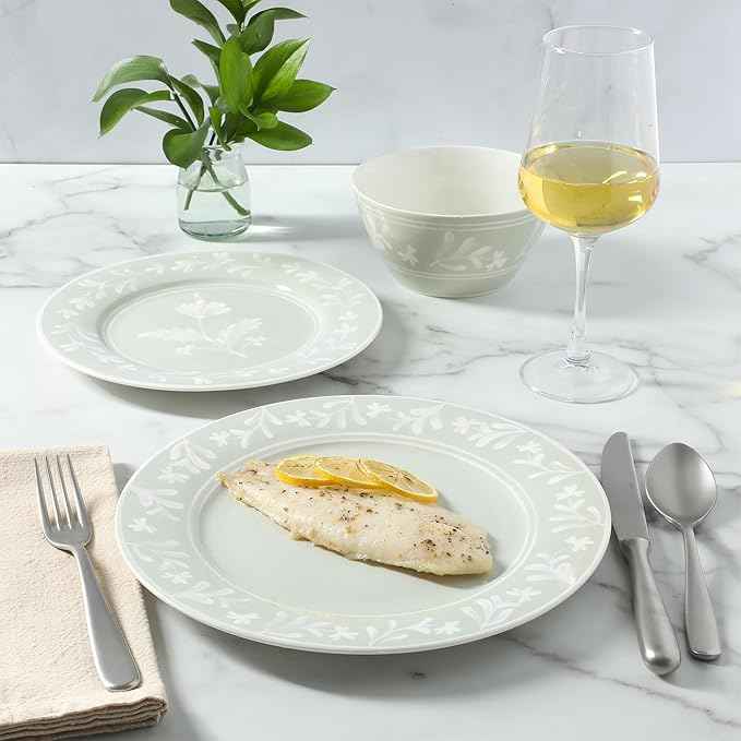 Martha Stewart Dinnerware Set - Maiden Crown 12-Piece Dish Set, Sage Green – New Bone China Ceramic Plates & Bowls – Floral Design – Service for 4 – Microwave & Dishwasher Safe