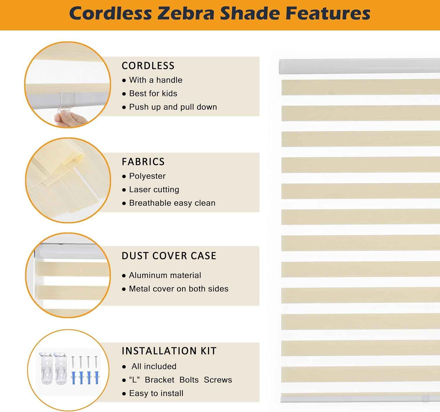 Cordless Zebra Blinds for Indoor Windows Free-Stop Zebra Shades Dual Layer Light Filtering Sheer Shades Roller Window Blinds for Home (27" W X 72" H, Cream)