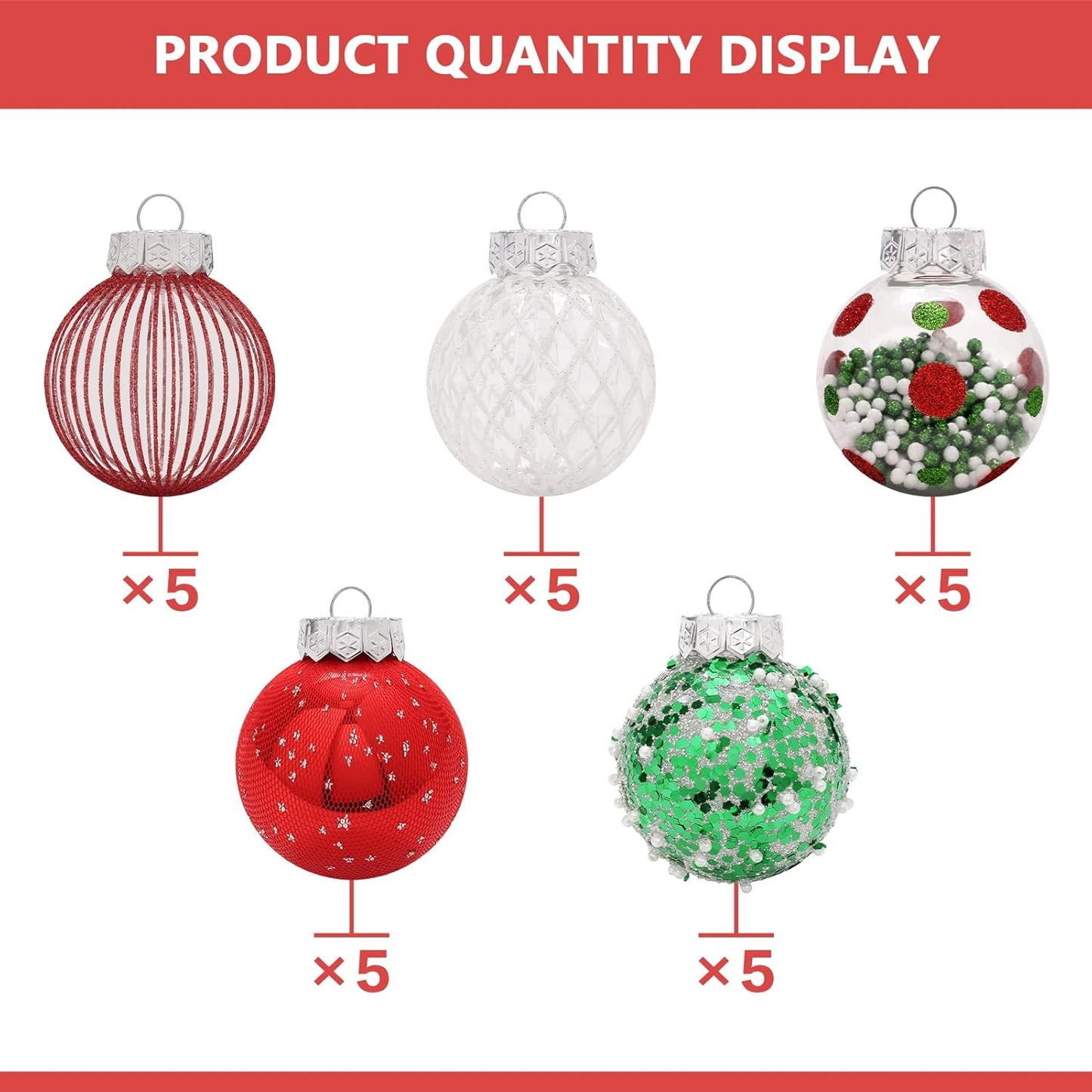 25PCS Christmas Ornaments Set, 2.36"/6CM Assorted Clear Plastic Shatterproof Ball Hanging Ornaments for Xmas Tree Decorations, for Indoor Home Holiday Decor - Red/Green/White.