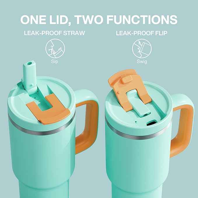 ENCOOL 40 oz Tumbler with Handle and Straw: Stainless Steel Insulated Tumbler Keeps Cold for 24 Hours, Leakproof Travel Cup Fits in Cup Holder and BPA-Free,Soft Cyan